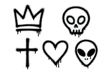 Black spray paint graffiti symbols set featuring crown, skull, cross, heart, and alien head design