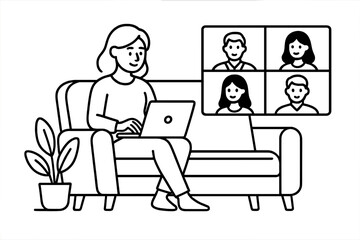 Woman sits on a couch using a laptop for video call with friends in different locations