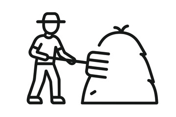 Farmer working with a pitchfork next to a haystack during the day in a rural field