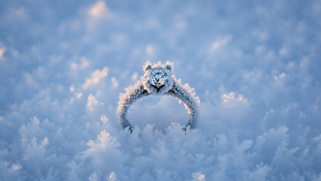 Romantic winter engagement frosted ring in soft snow, sparkling diamond halo covered with delicate ice crystals, symbol of eternal love, promise and magical proposal moment - Powered by Adobe