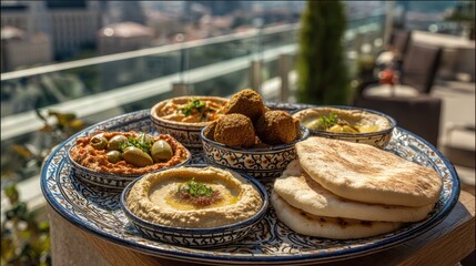 Traditional Middle Eastern mezze platter with hummus, falafel, pita bread, and assorted dips in decorative ceramic bowls, rooftop dining setting with Mediterranean cityscape background
