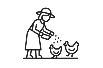 Woman in a hat feeding two small chickens with seeds on a rural farm