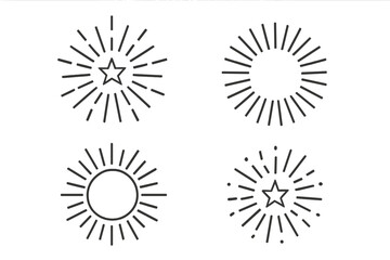 Four retro sunburst and starburst shapes with radiating lines and sparkle effects
