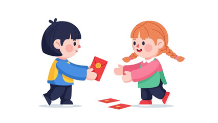 Celebrating Together Children Sharing Red Envelopes