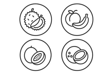 Minimalist line art icons of tropical fruits including durian, banana, papaya, and coconut