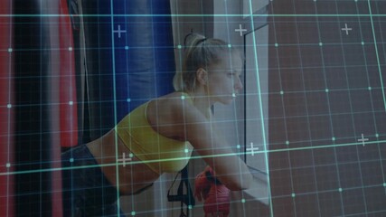 Female boxer leaning on sill looking out causing posture shifts resting red gloves grid overlaying - Powered by Adobe