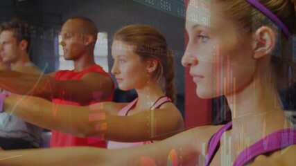 Fitness class following timed cue, holding arms out for workout as overlaid charts tracking motion