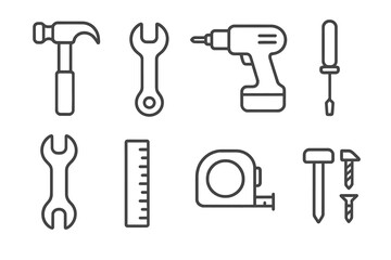 Linear icons of DIY and professional construction equipment and instruments