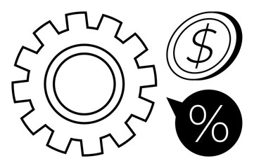 Business management, financial transactions, economic planning, profit calculation, investment strategies, operational processes. Gear, dollar symbol and percentage sign. Business management