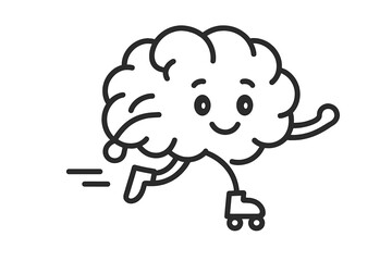 Happy cartoon brain character roller skating quickly symbolizing fast thinking and learning