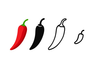 Red chili pepper symbols and icons in realistic, solid black, and outline styles