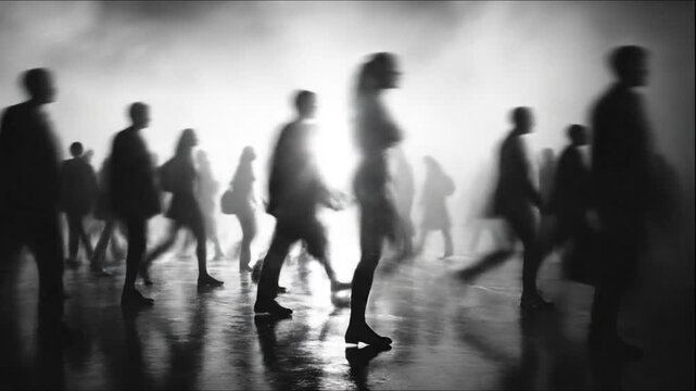 Silhouettes of moving people walking on a city street at night, abstract blur from long exposure. Urban crowd and busy modern life concept. Rush hour.