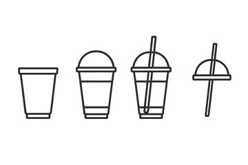 Collection of simple plastic takeaway cups with dome lids and drinking straws © Andrei
