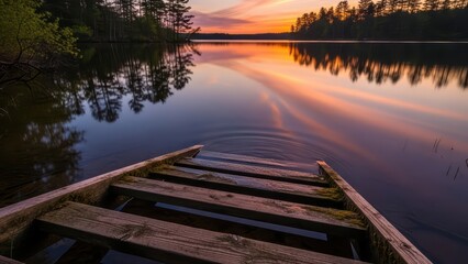 Serene sunset over calm lake with wooden pier and tree reflections