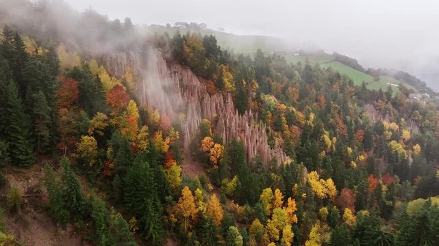 Earth pyramids of Platten at daytime, aerial view, at autumn season time.