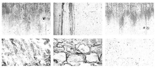 Set of six distressed concrete wall textures with grunge surface details, collection for graphic design, collage projects, or creative background overlays