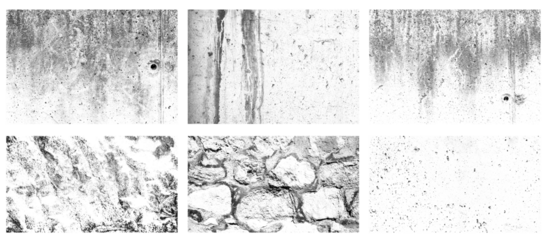 Set of six distressed concrete wall textures with grunge surface details, collection for graphic design, collage projects, or creative background overlays