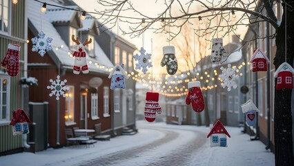 Cozy winter street decorations featuring knitted mittens snowflakes and tiny houses hang outdoors