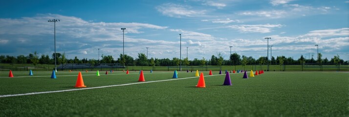 Colorful cones on soccer field under blue sky