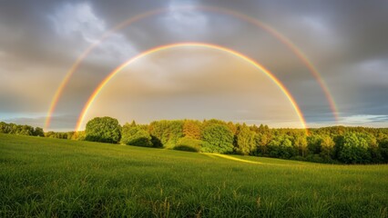 Naklejka premium Vibrant double rainbow over lush green forest and meadow
