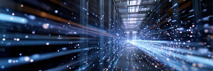 Obraz premium Futuristic data center with sparkling light trails and server racks