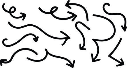 Set of hand drawn arrow vector icons. Arrow vector elements hand drawn arrows brush stroke curly arrow collection. hand-drawn arrow signs or symbols
