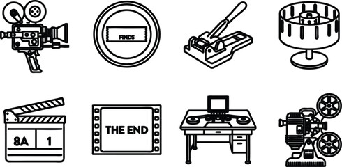 Collection of film editing icons for movie production tools