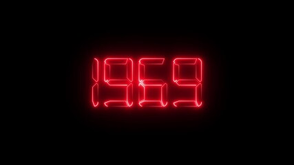 Neon red digital LED numbers display showing 1969 on black background, glowing electronic number animation, retro futuristic time and year concept, scoreboard and countdown style - Powered by Adobe