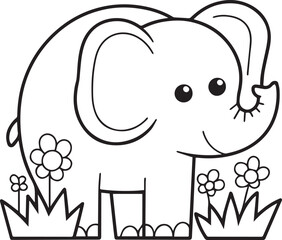 Happy Baby Elephant with flower Line Art Vector Illustration.