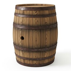 Obraz premium A rustic wooden barrel with metal bands and a bung hole, isolated on a white background.