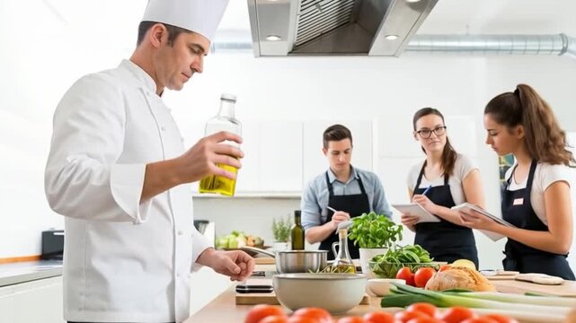Chef vertiendo aceite de oliva en clase de cocina con estudiantes observando