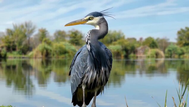 High resolution 4K close up of great blue heron standing alert while gently turning its head fea rs subtly moving in breeze conveying caution elegance patience and realistic wildlife presence in