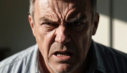 Fototapeta premium Man shows anger with deep expression and intense gaze in well-lit room setting Generative AI