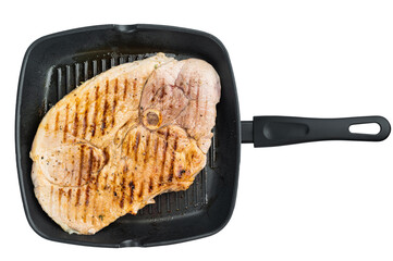 Grilled bone in pork shoulder cooked in grill pan juicy meat with grill marks isolated on white background for barbecue and dinner