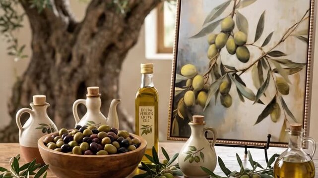 Aceitunas y aceite de oliva con decoraci&oacute;n art&iacute;stica sobre mesa r&uacute;stica