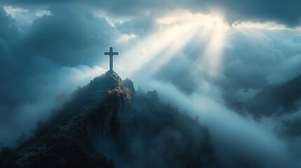 Majestic mountain peak with Christian cross illuminated by divine rays of sunlight through clouds, symbolizing faith, hope, spirituality, devotion, and strength of belief in serene natural landscape.