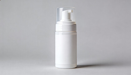 Minimal cosmetic scene featuring a blank label container bottle used as a clean product mockup displayed against a smooth gray background, showcasing modern branding aesthetics and contemporary beauty