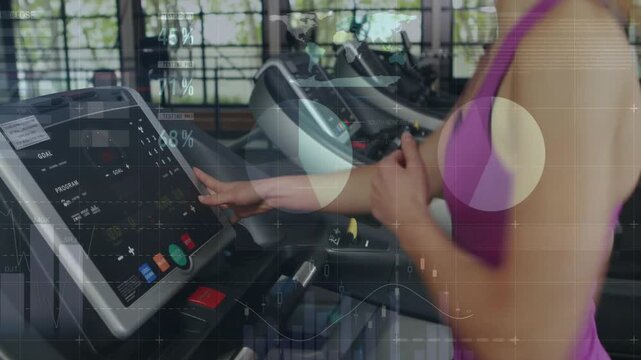 Woman tapping start, clipping key, stepping on belt for workout, fitness charts showing over runner