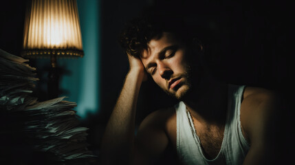 Young man portrait desk lamp tired exhausted contemplative at night