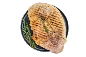 Pan grilled pork shoulder with bone plated with fresh thyme isolated on white background tender meat ready for serving