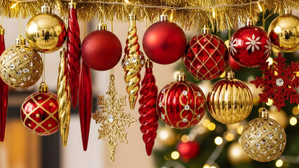 Christmas tree ornaments hanging from a branch with gold tinsel and lights