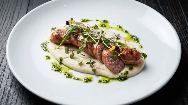 Butifarra gourmet sobre cama de suave pur&eacute; de coliflor, decorada con microbrotes frescos y flores comestibles, acompa&ntilde;ada de un aderezo de aceite verde estilo pesto, servida en plato blanco sobre fond