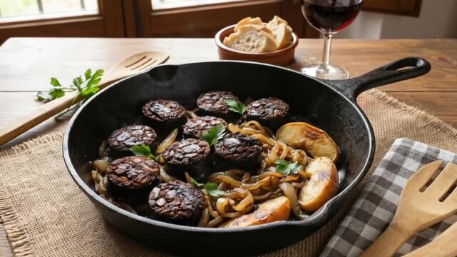 Morcilla de arroz a la plancha servida en sart&eacute;n de hierro con cebolla caramelizada y manzana asada, decorada con perejil fresco, acompa&ntilde;ada de pan r&uacute;stico y copa de vino tinto sobre mesa de madera co