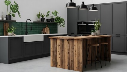 A modern industrial kitchen with concrete floors, dark gray cabinets