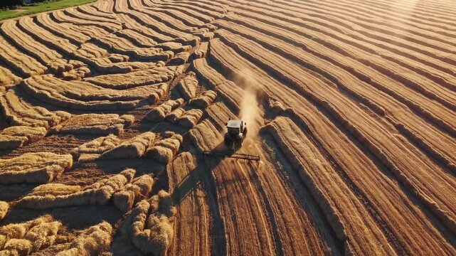 Aerial view of combine harvester working golden wheat field during summer harvest, rural agriculture landscape with dust, sunlight, farmland pattern