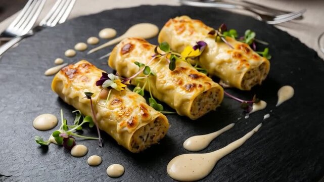Canelones gratinados con bechamel y brotes frescos sobre pizarra en restaurante gourmet.
