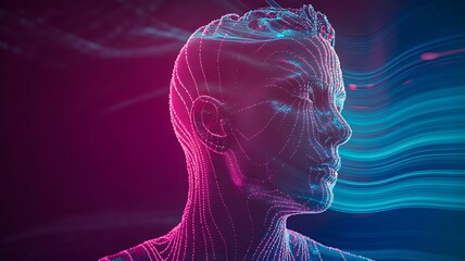 Futuristic digital human head showing artificial intelligence data flow and technology concept