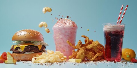 indulge Delicious Treats, Burger, pink smoothie, fried snack and vibrant soda