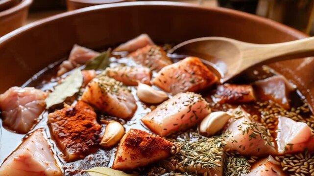 Caz&oacute;n crudo marinando en adobo tradicional andaluz con especias, laurel, ajo y vinagre en cuenco de barro.