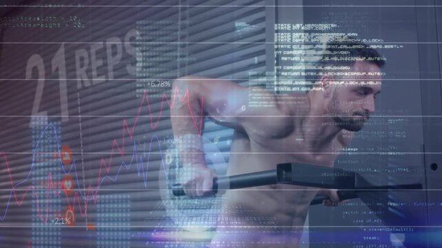 Man gripping dip bars and HUD cue, performing controlled dips while fitness charts tracking reps